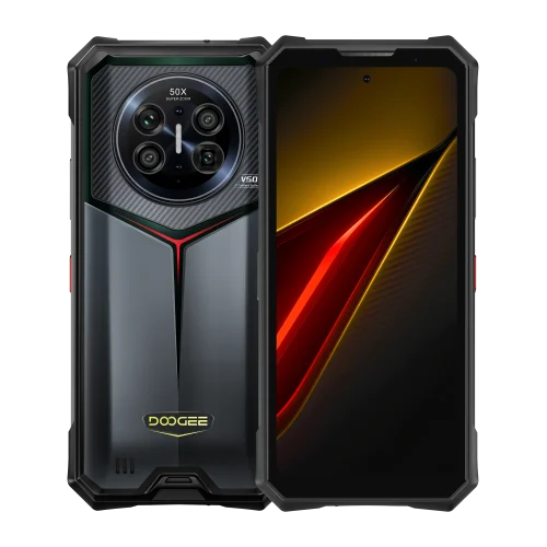 DOOGEE V50 12+256 rugged smartphone in zwart – voor- en achteraanzicht