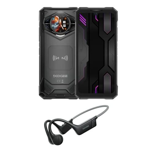 DOOGEE S200 X VIP Edition in zwart, voor- en achteraanzicht met open-ear-headset, robuuste Android 16-smartphone