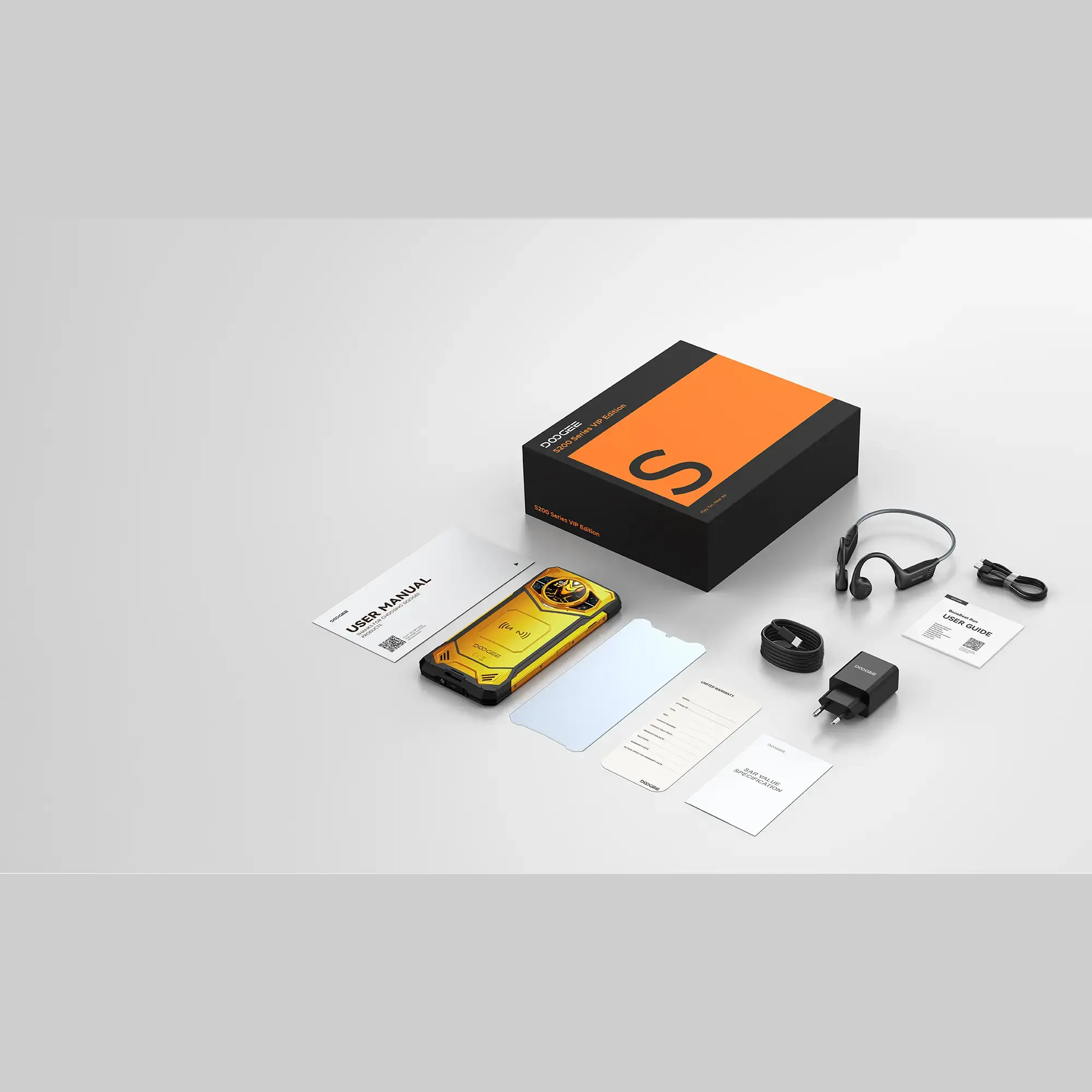 DOOGEE S200 X VIP Edition met headset oplader kabel handleiding en accessoires
