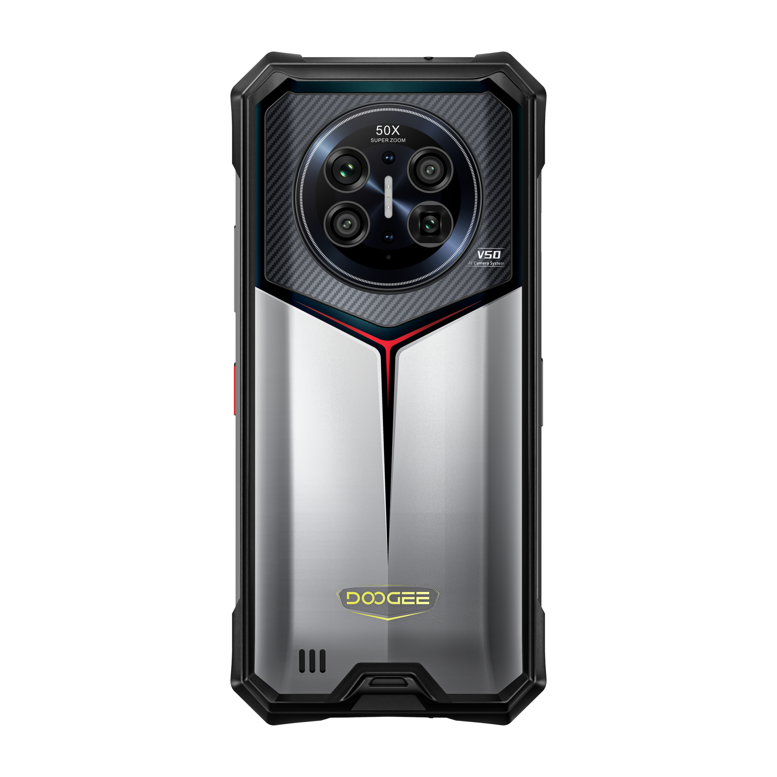 DOOGEE V50 in grijs, voor- en achteraanzicht – compacte studio-opname