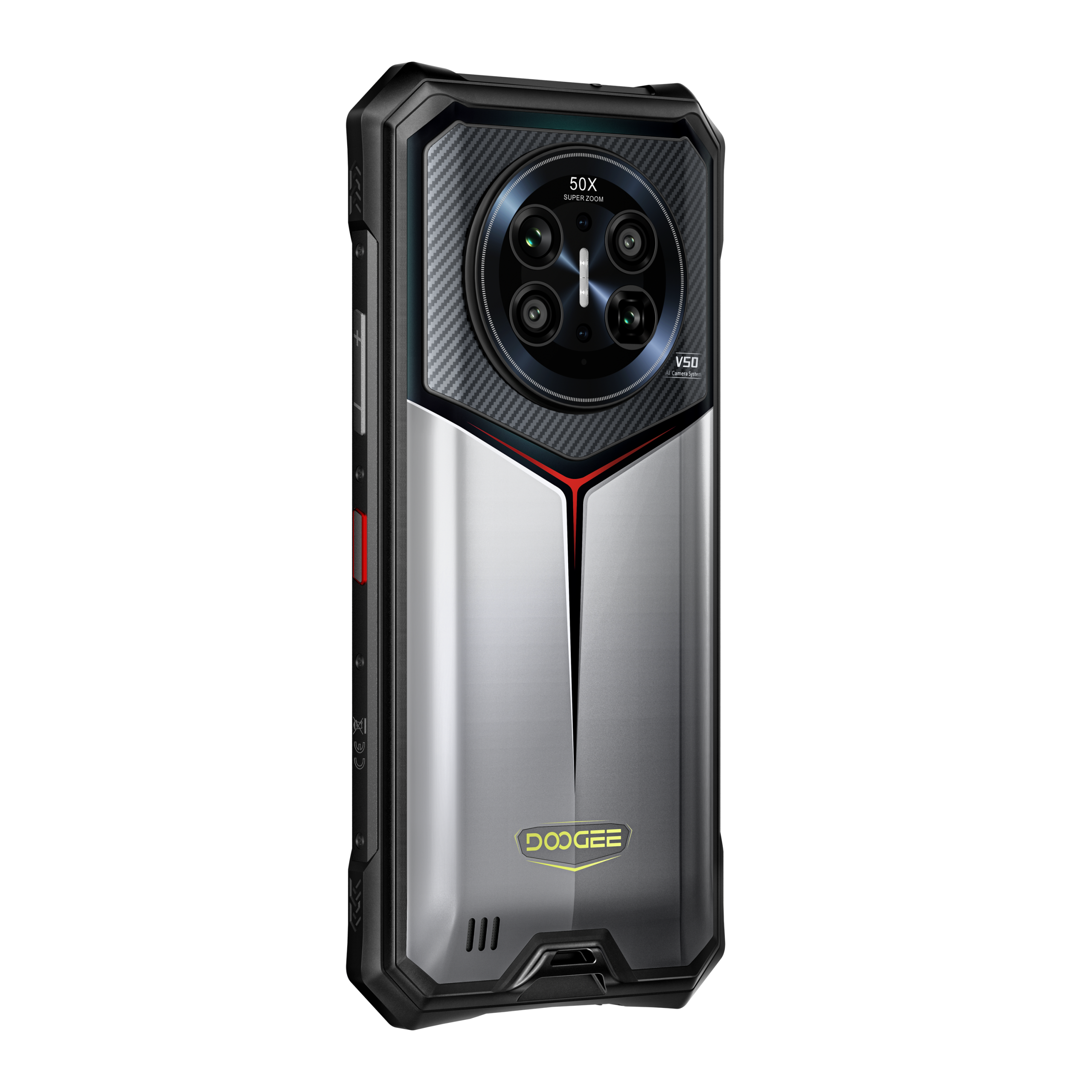 DOOGEE V50 in grijs, schuin achteraanzicht met cameramodule – gerichte studio-opname