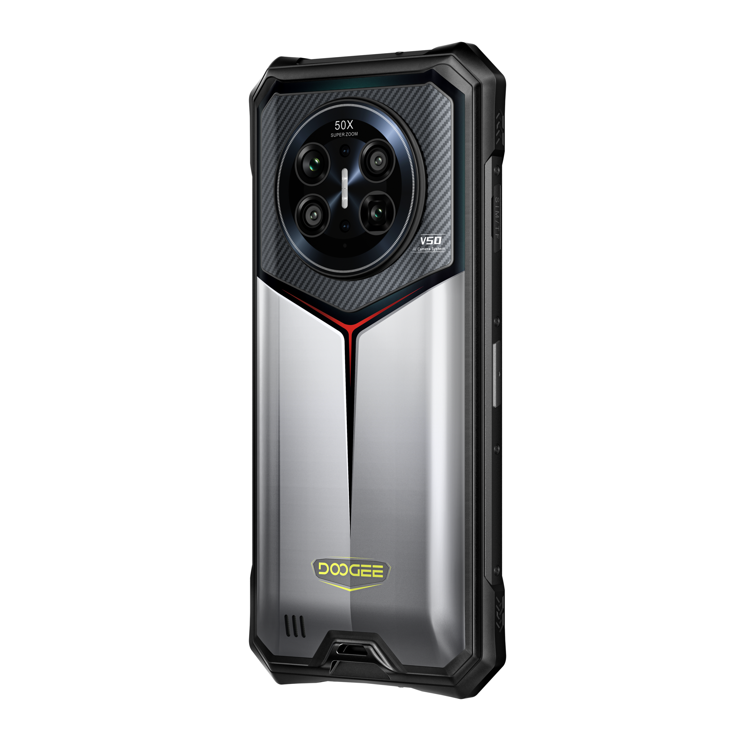 DOOGEE V50 in grijs, cameradetail en achterzijde – neutrale studio-opname