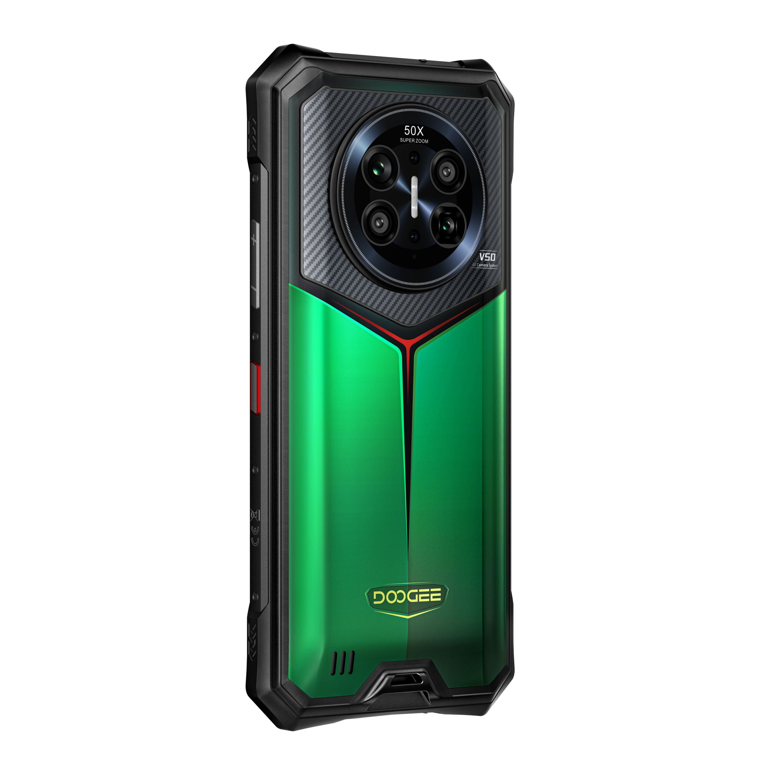 DOOGEE V50 in groen, schuin achteraanzicht met cameramodule – scherpe productweergave