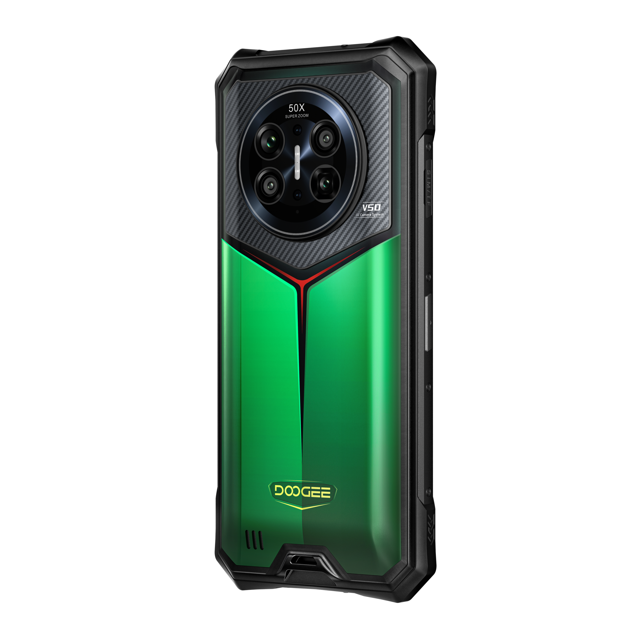 DOOGEE V50 in groen, cameradetail en achterzijde – evenwichtige productweergave