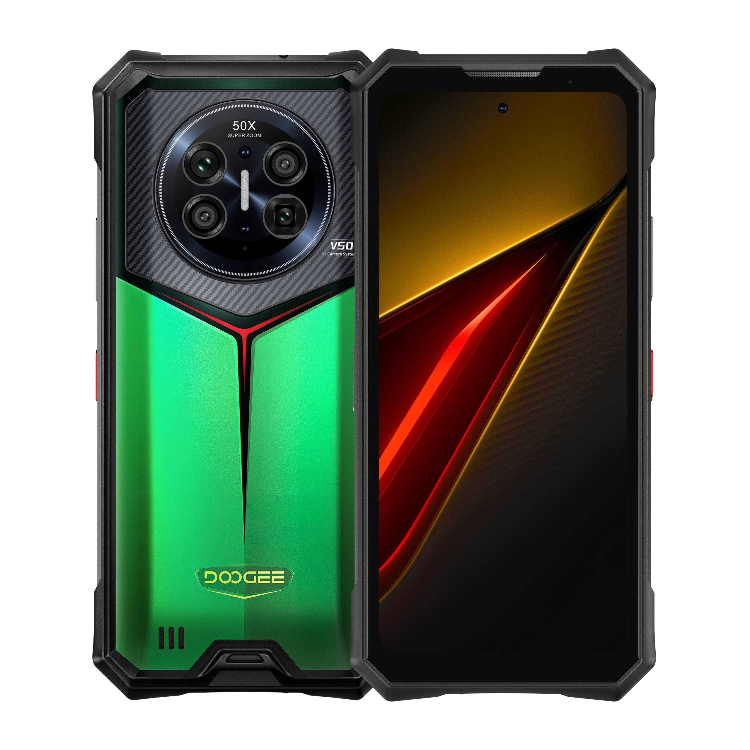 DOOGEE V50 in groen, schermpresentatie en formaat – gerichte productweergave